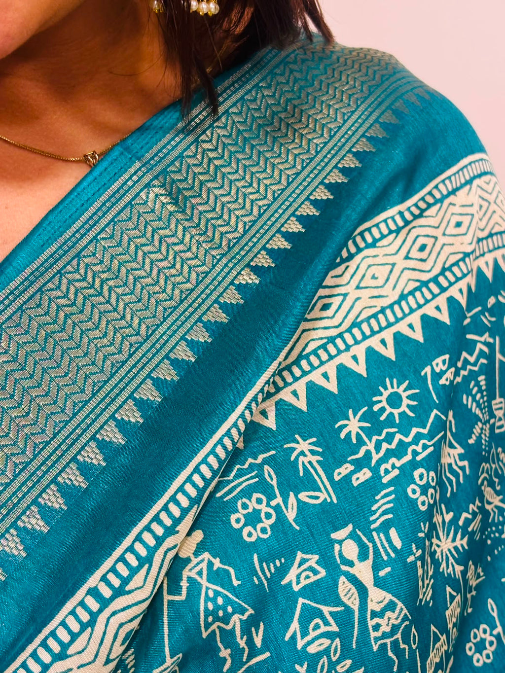 Blue Digital Print Crepe Saree Warli Design Festive Ethnic