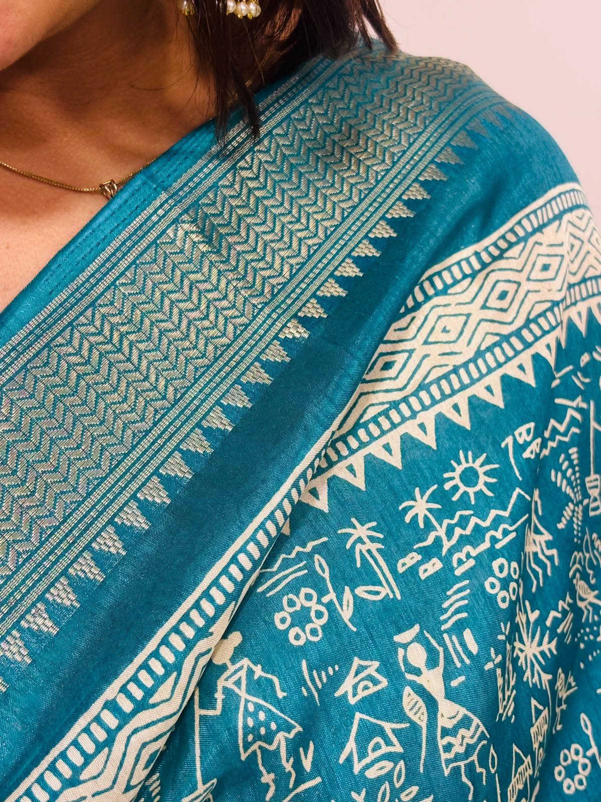 Blue Digital Print Crepe Saree Warli Design Festive Ethnic