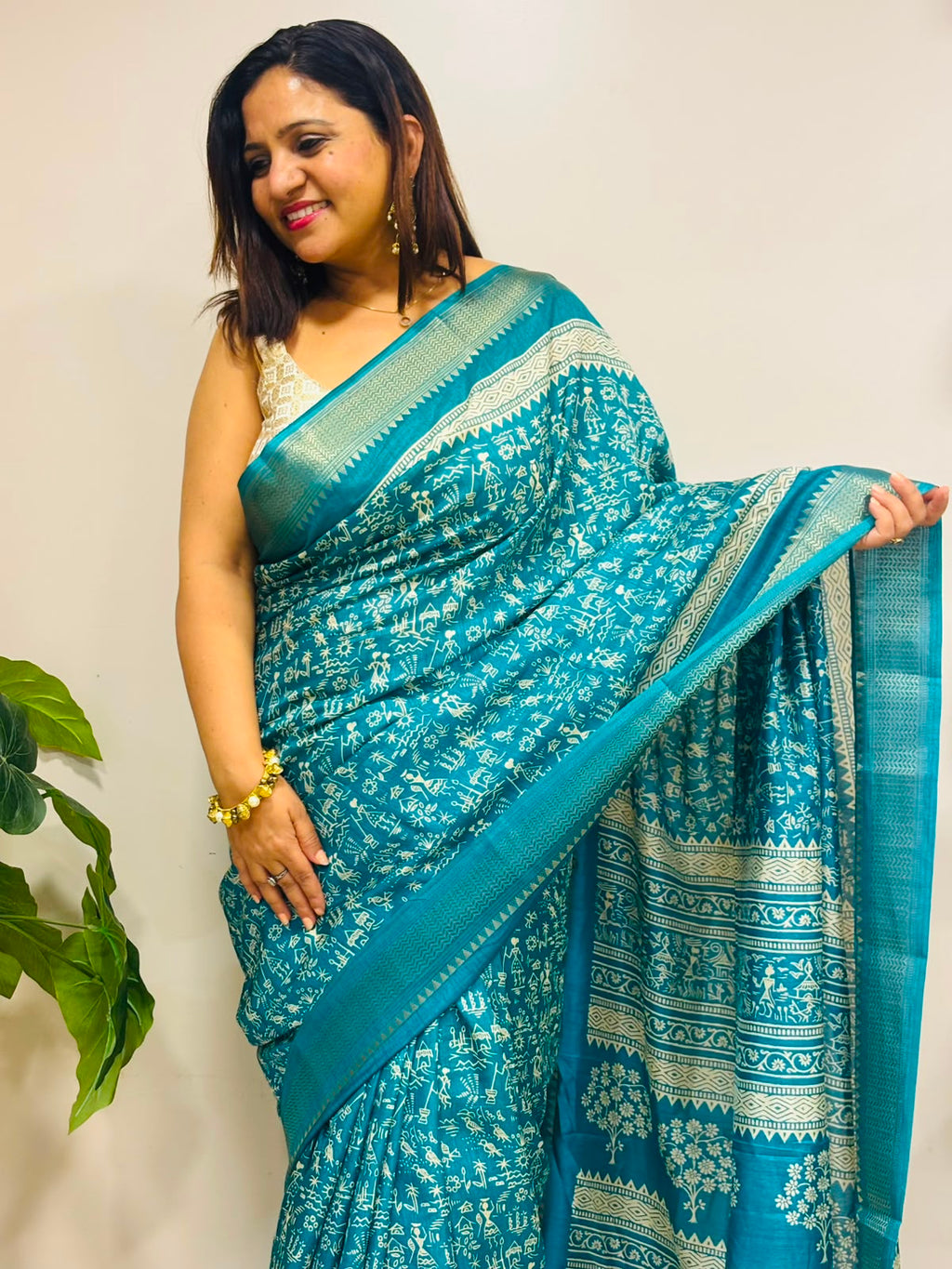 Blue Digital Print Crepe Saree Warli Design Festive Ethnic