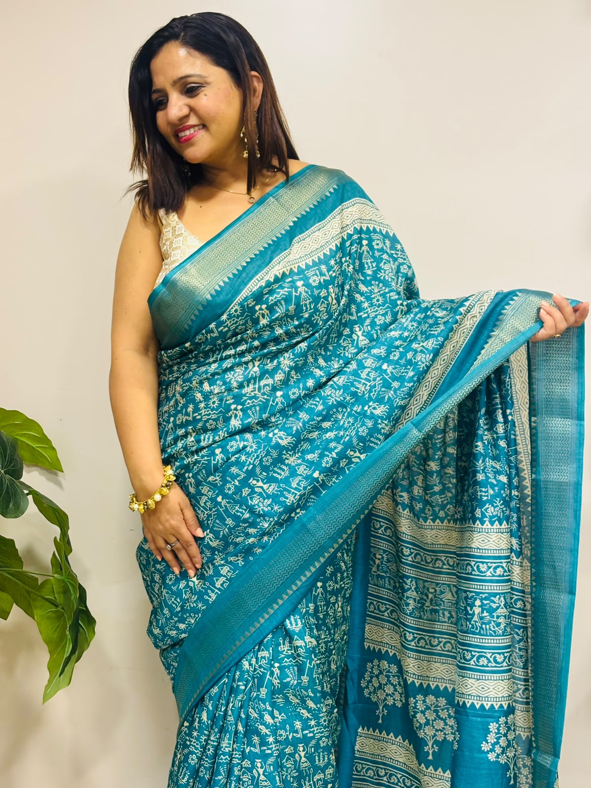 Blue Digital Print Crepe Saree Warli Design Festive Ethnic