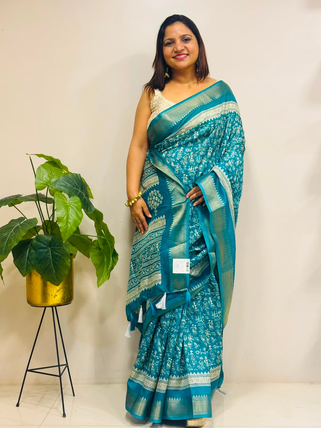 Blue Digital Print Crepe Saree Warli Design Festive Ethnic