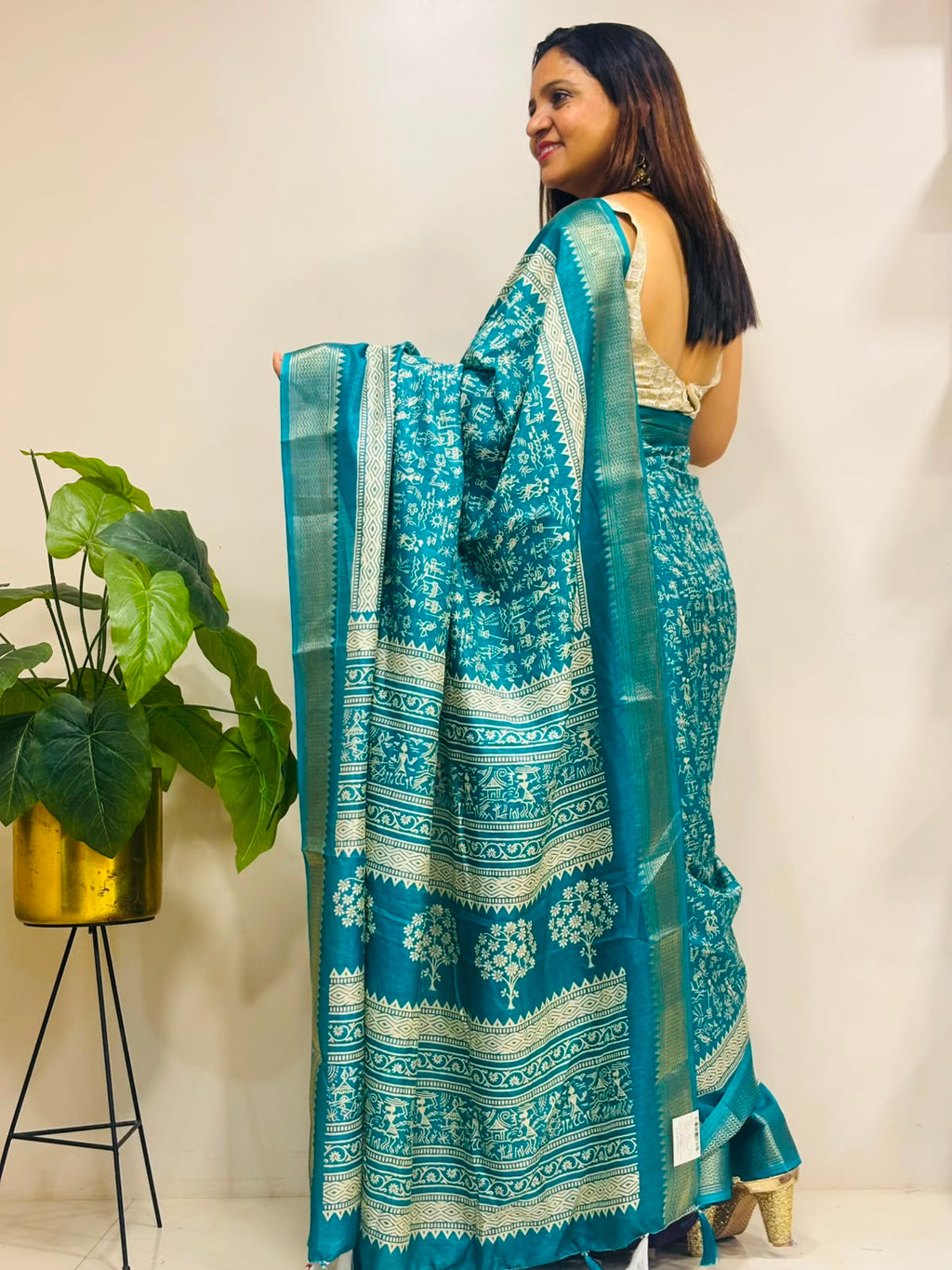 Blue Digital Print Crepe Saree Warli Design Festive Ethnic