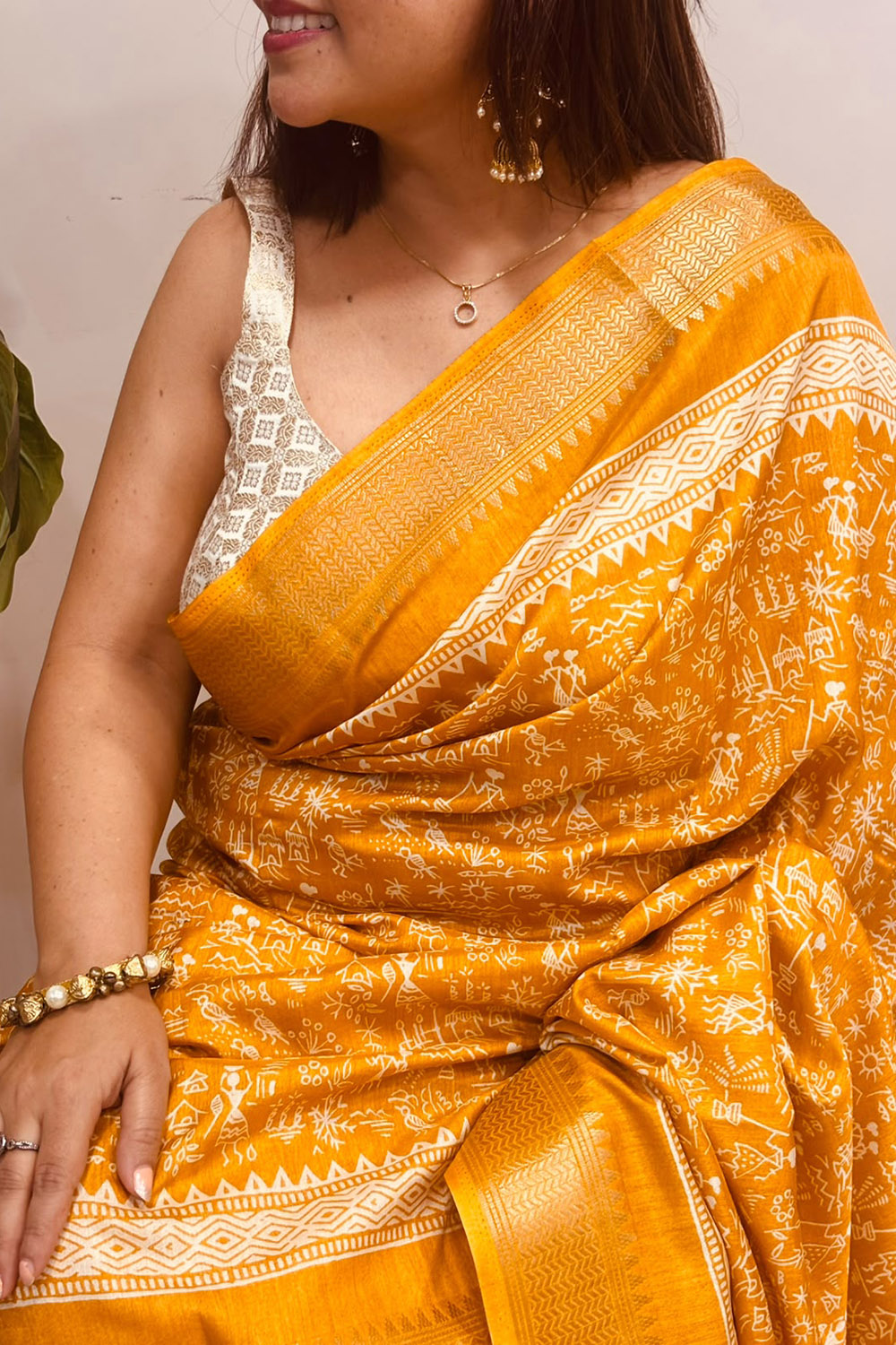 Yellow Digital Print Crepe Saree Warli Design Festive Ethnic