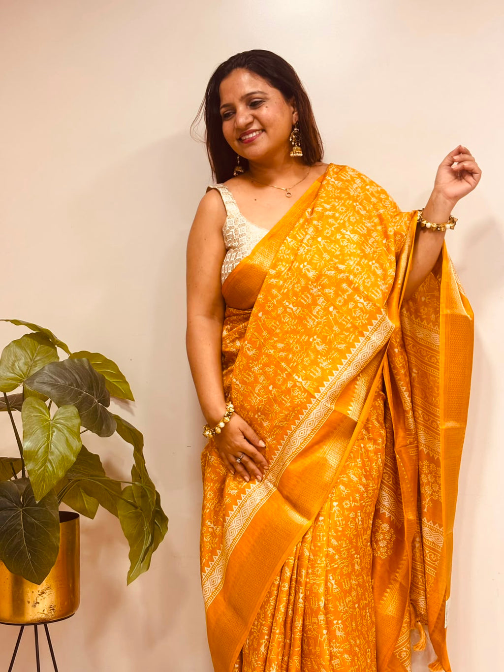 Yellow Digital Print Crepe Saree Warli Design Festive Ethnic
