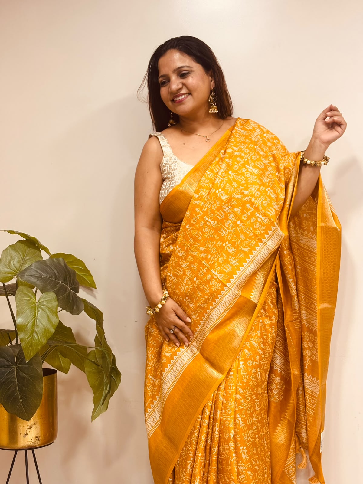Yellow Digital Print Crepe Saree Warli Design Festive Ethnic
