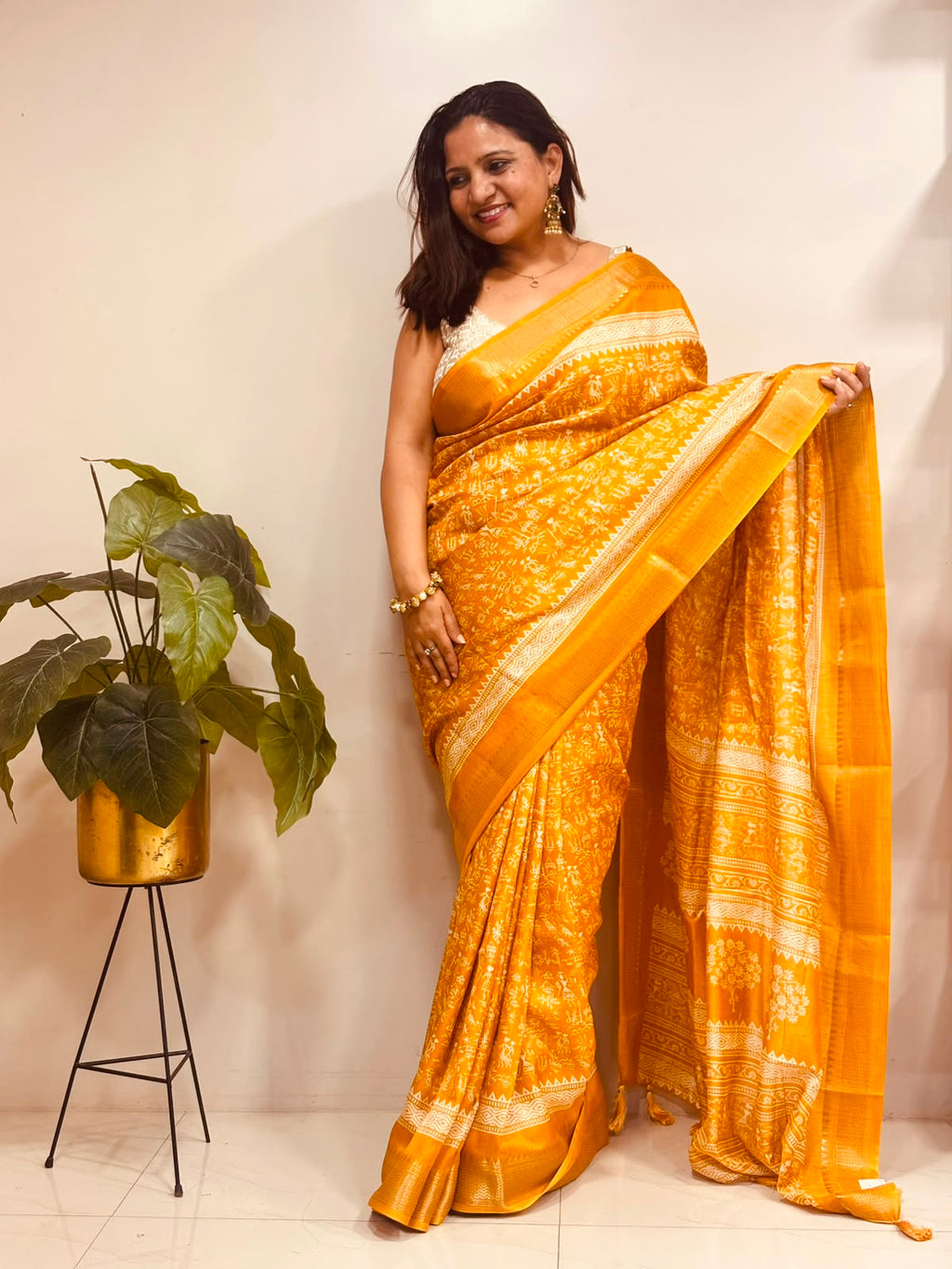 Yellow Digital Print Crepe Saree Warli Design Festive Ethnic