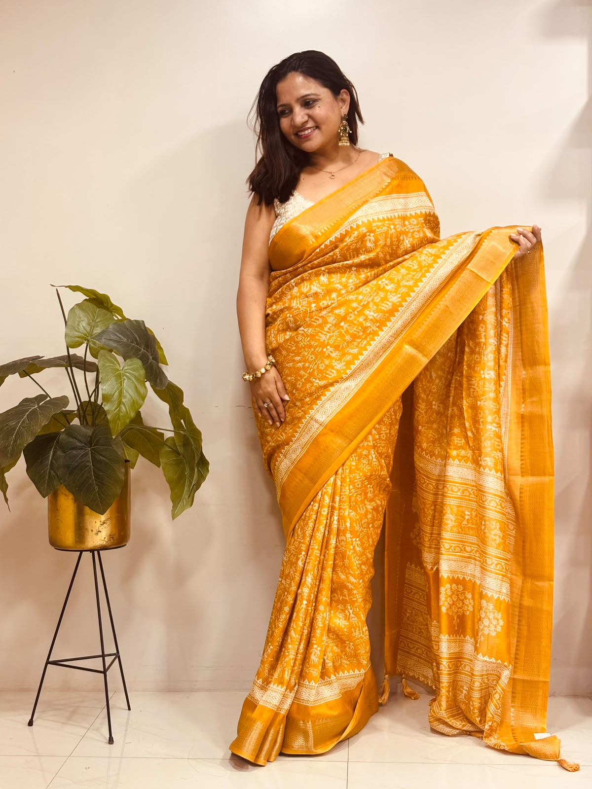 Yellow Digital Print Crepe Saree Warli Design Festive Ethnic