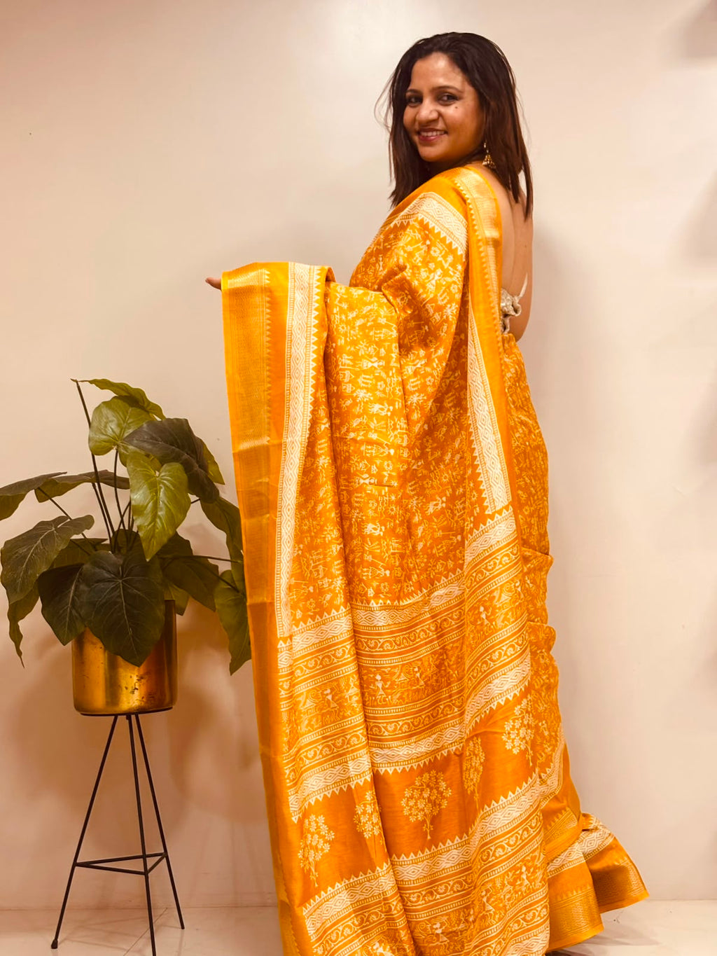 Yellow Digital Print Crepe Saree Warli Design Festive Ethnic