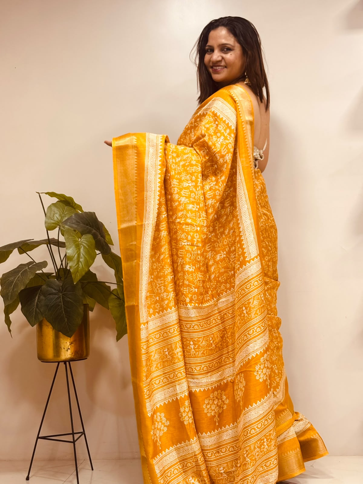 Yellow Digital Print Crepe Saree Warli Design Festive Ethnic