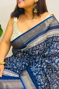Blue Digital Print Crepe Saree Warli Design Casual Ethnic