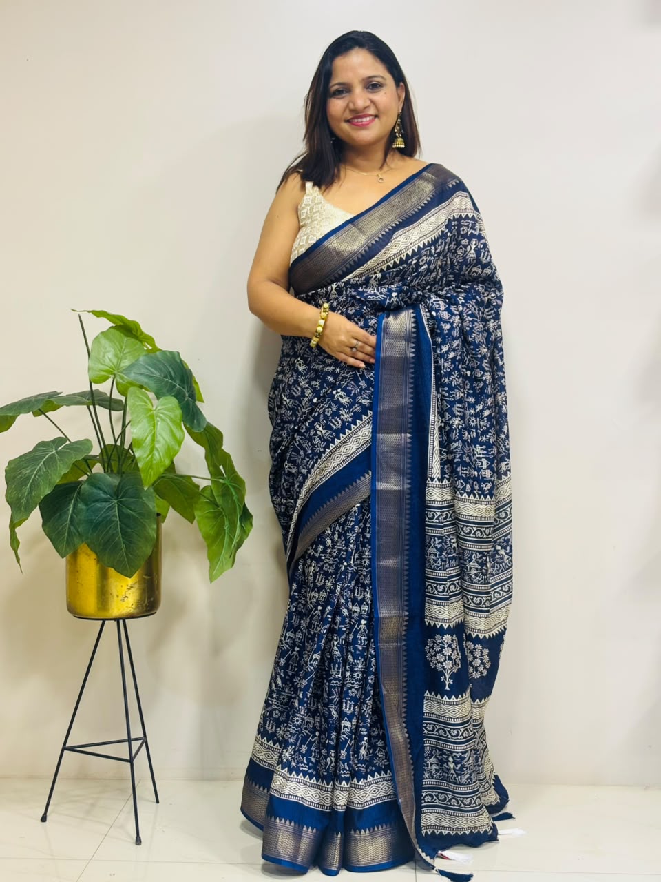 Blue Digital Print Crepe Saree Warli Design Casual Ethnic