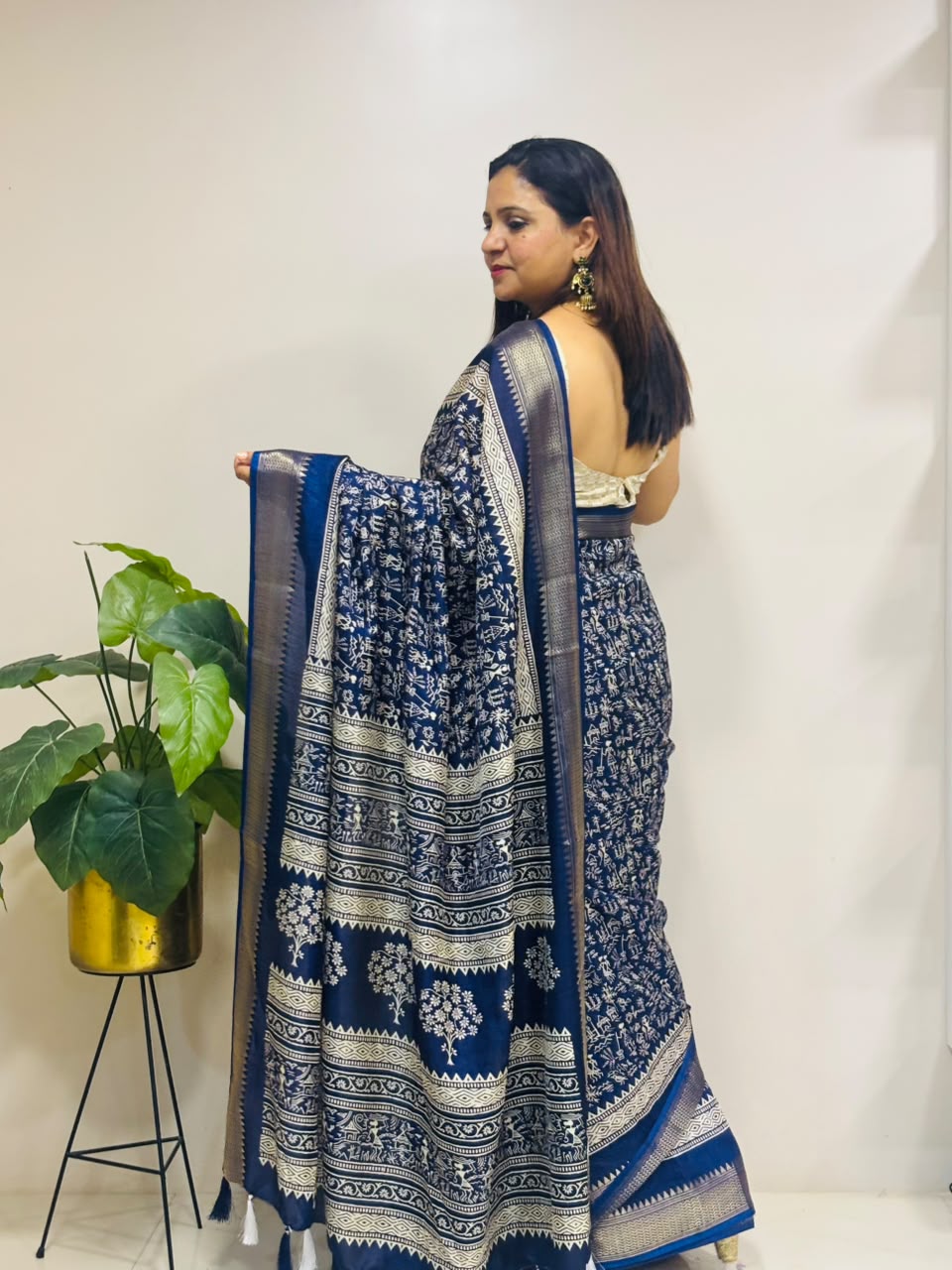 Blue Digital Print Crepe Saree Warli Design Casual Ethnic