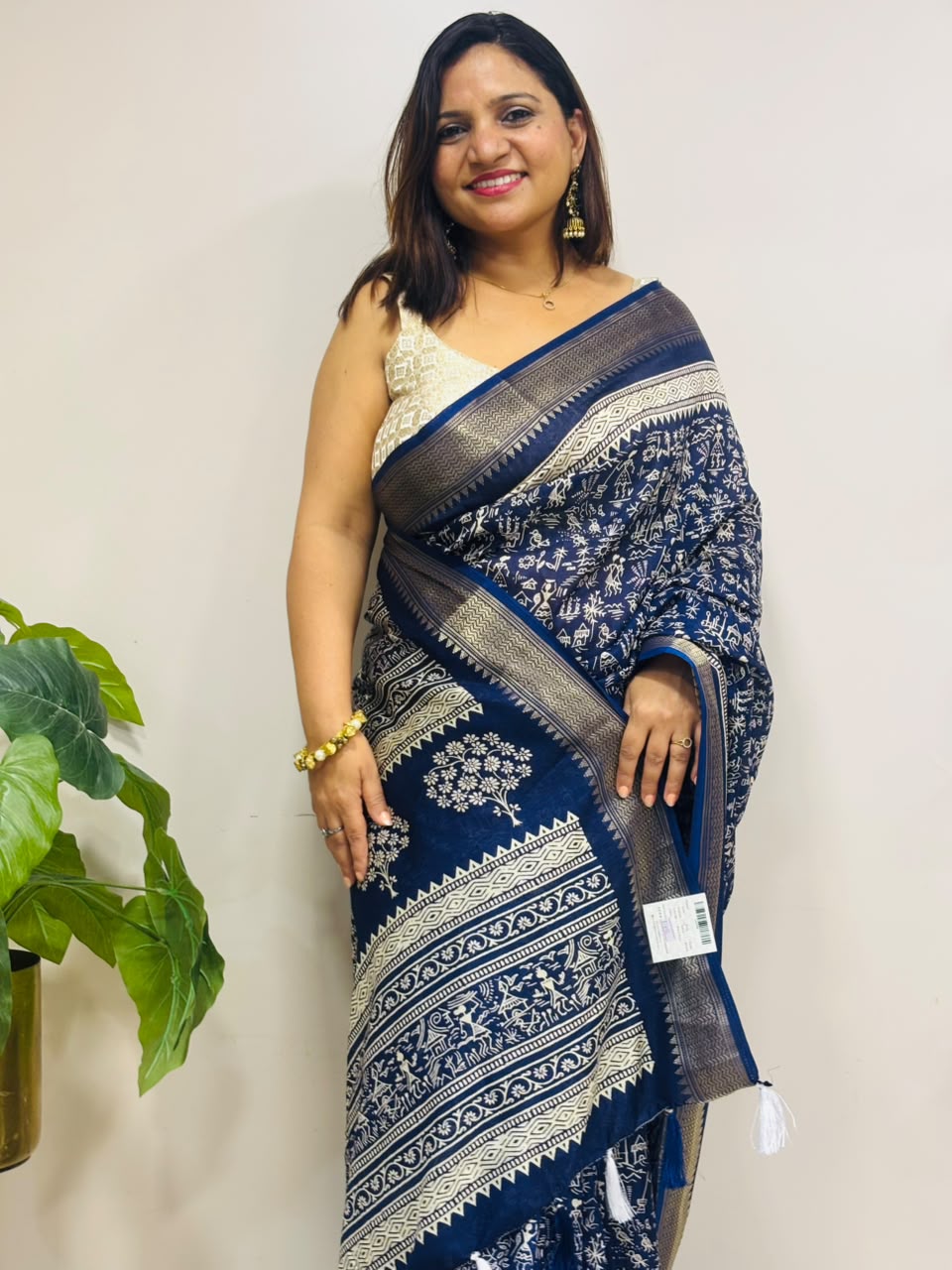 Blue Digital Print Crepe Saree Warli Design Casual Ethnic