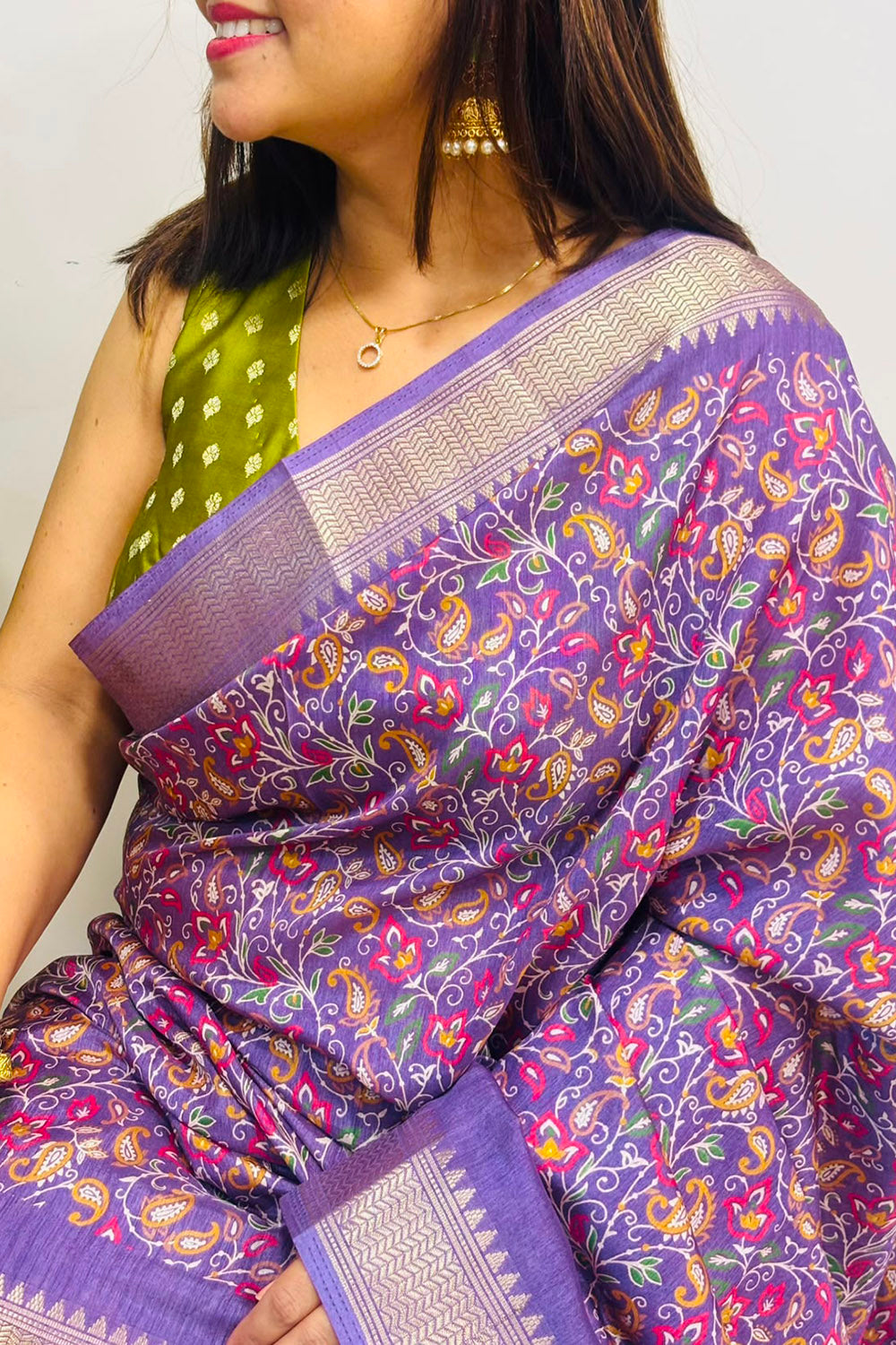 Purple Digital Print Crepe Saree Flower Design Festive Ethnic