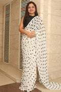 White And Black Trendy Georgette Polka Dot Saree - Luxurion World