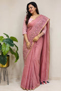 Pink Embroidered Cotton Saree Trendy Wear