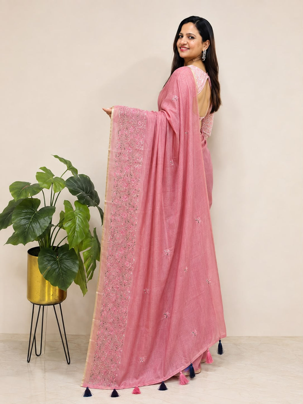 Pink Embroidered Cotton Saree Trendy Wear