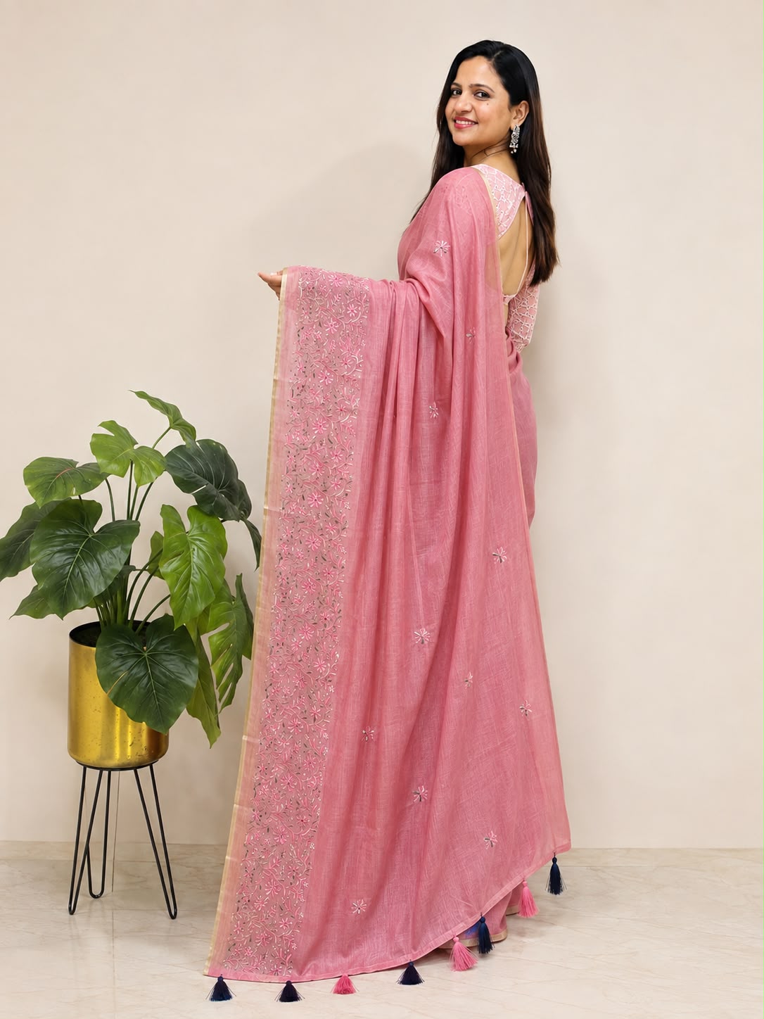 Pink Embroidered Cotton Saree Trendy Wear