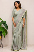 Green Trendy Embroidered Cotton Saree