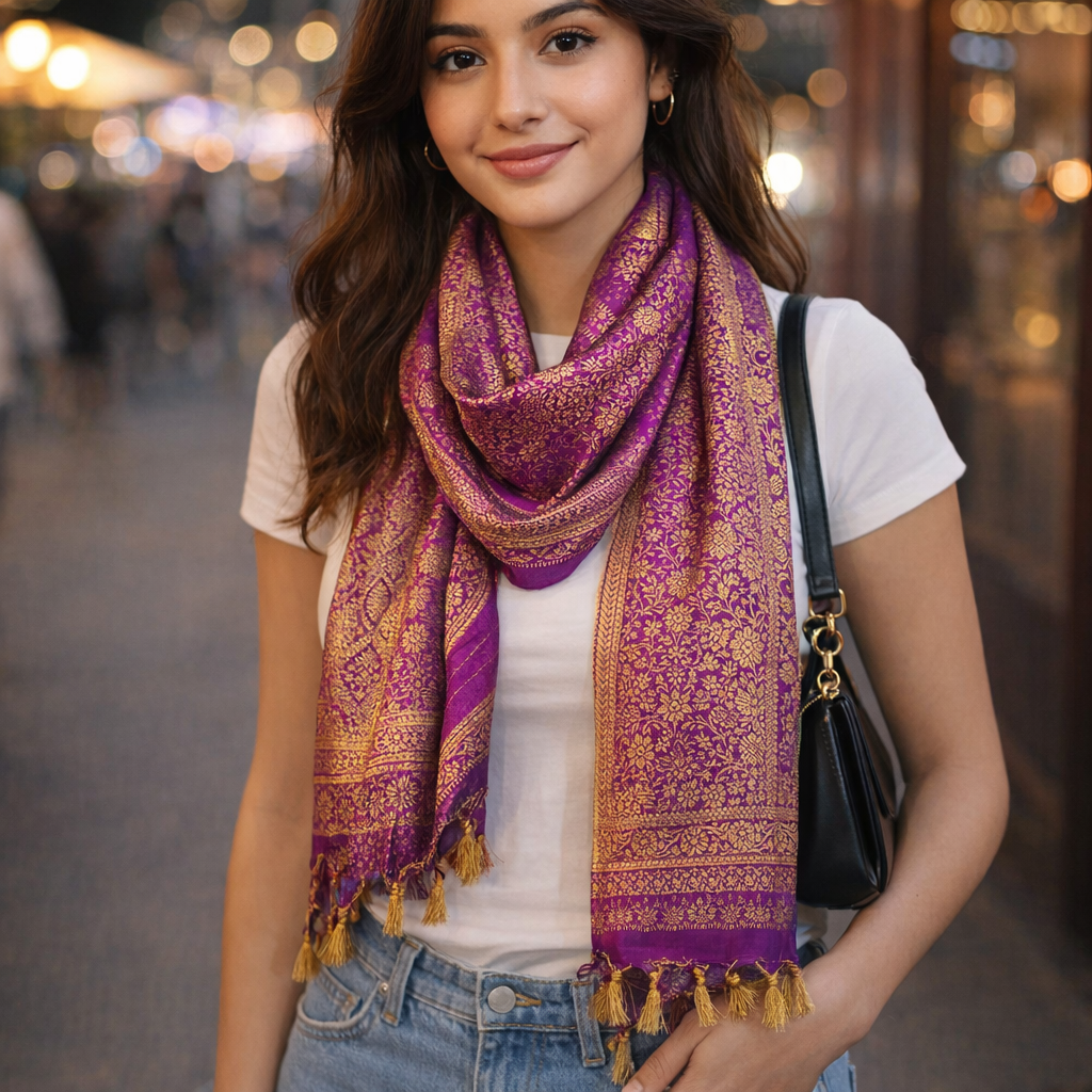 Purple Banarasi Silk Fashion Stole | Stylish Wrap for Festive , College, casual parties, & Night Outs