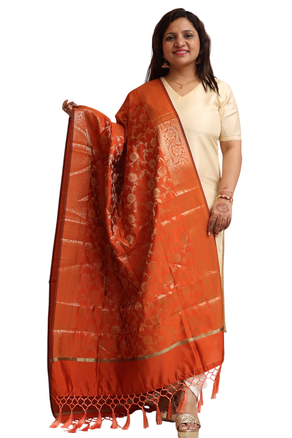 Elegant Orange Banarasi Silk Dupatta - with a beautifully handcrafted matching tassel - Taniva