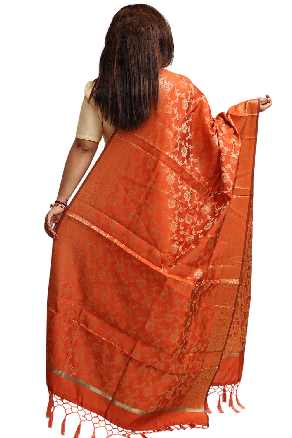 Elegant Orange Banarasi Silk Dupatta - with a beautifully handcrafted matching tassel - Taniva