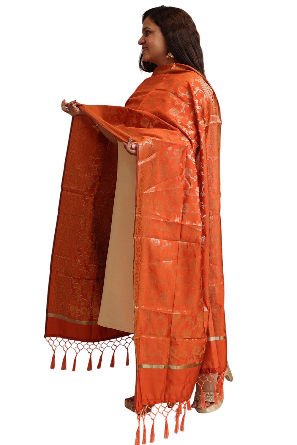 Elegant Orange Banarasi Silk Dupatta - with a beautifully handcrafted matching tassel - Taniva
