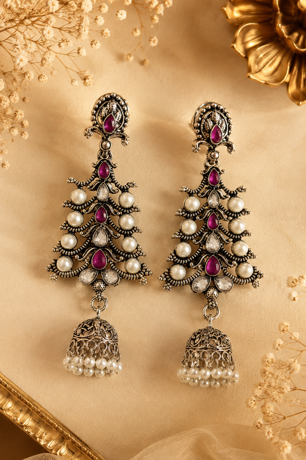 Emerald Green And Pink Stone & Pearl Oxidised Jhumka Earrings