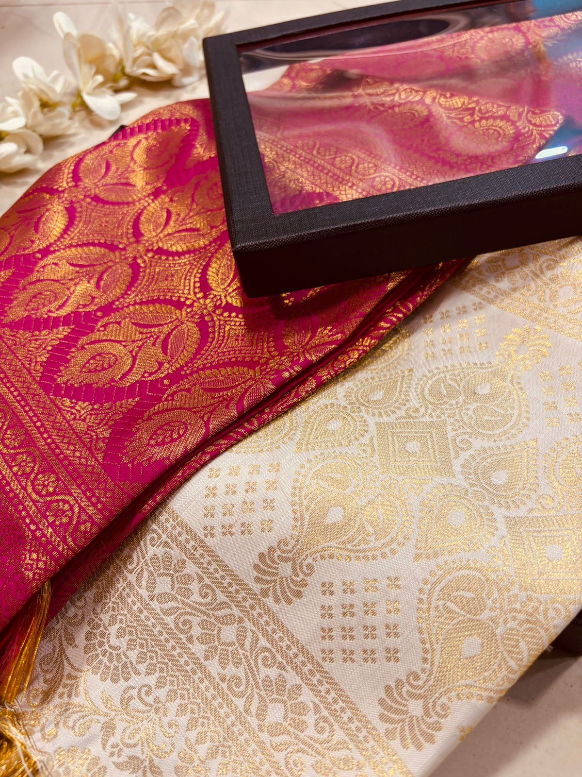 Premium Maroon and Beige Banarasi Silk Fashion Stole Gift Set of Two Stylish Wrap for Festive | College | Casual | Night Parties