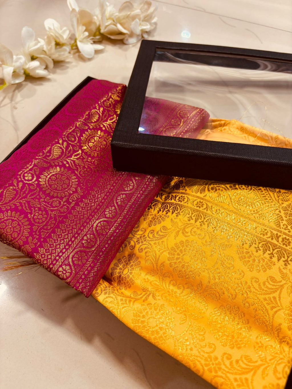 Premium Maroon and Yellow Banarasi Silk Fashion Stole Gift Set of Two Stylish Wrap for Festive | College | Casual | Night Parties