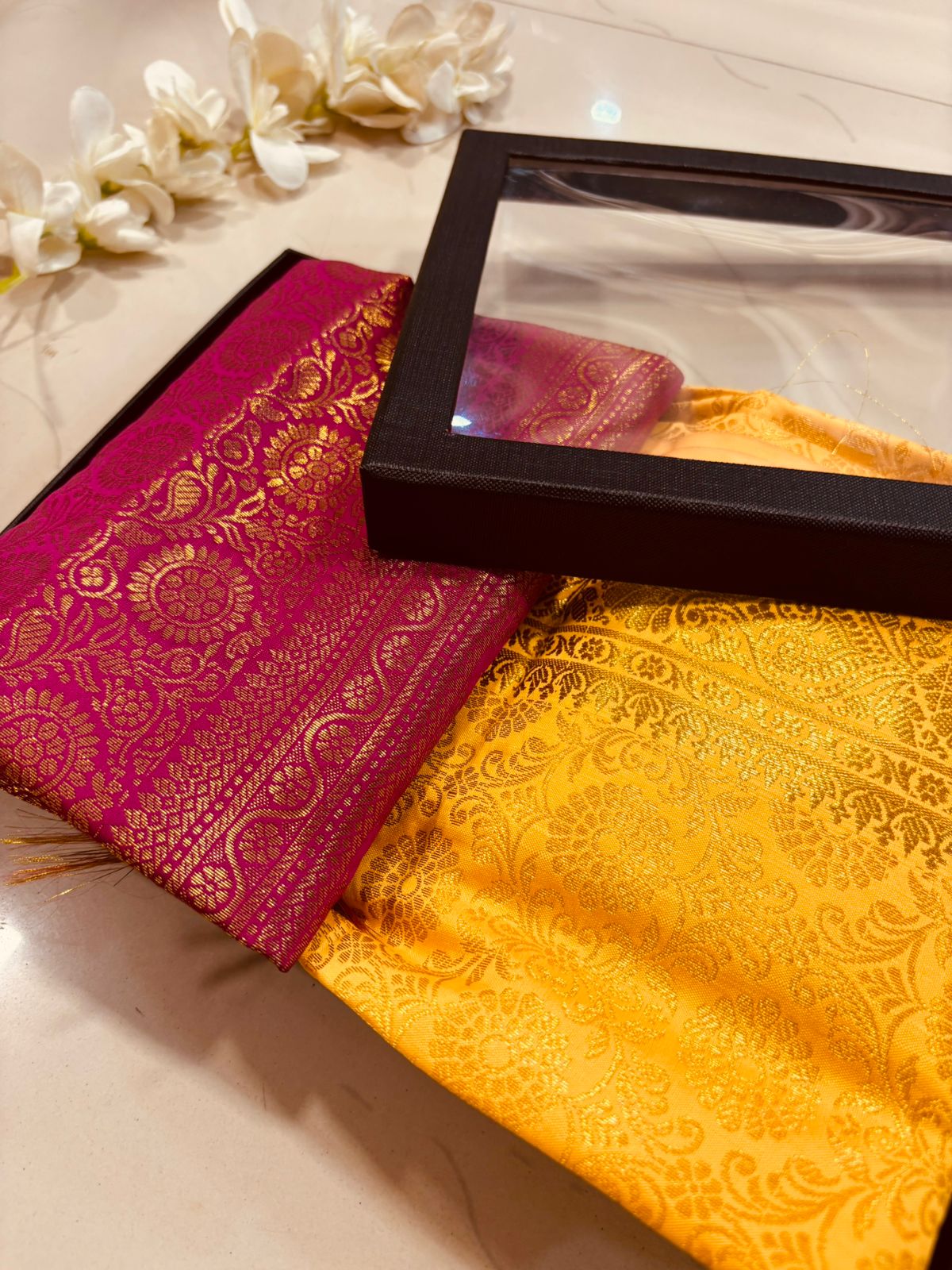 Premium Maroon and Yellow Banarasi Silk Fashion Stole Gift Set of Two Stylish Wrap for Festive | College | Casual | Night Parties