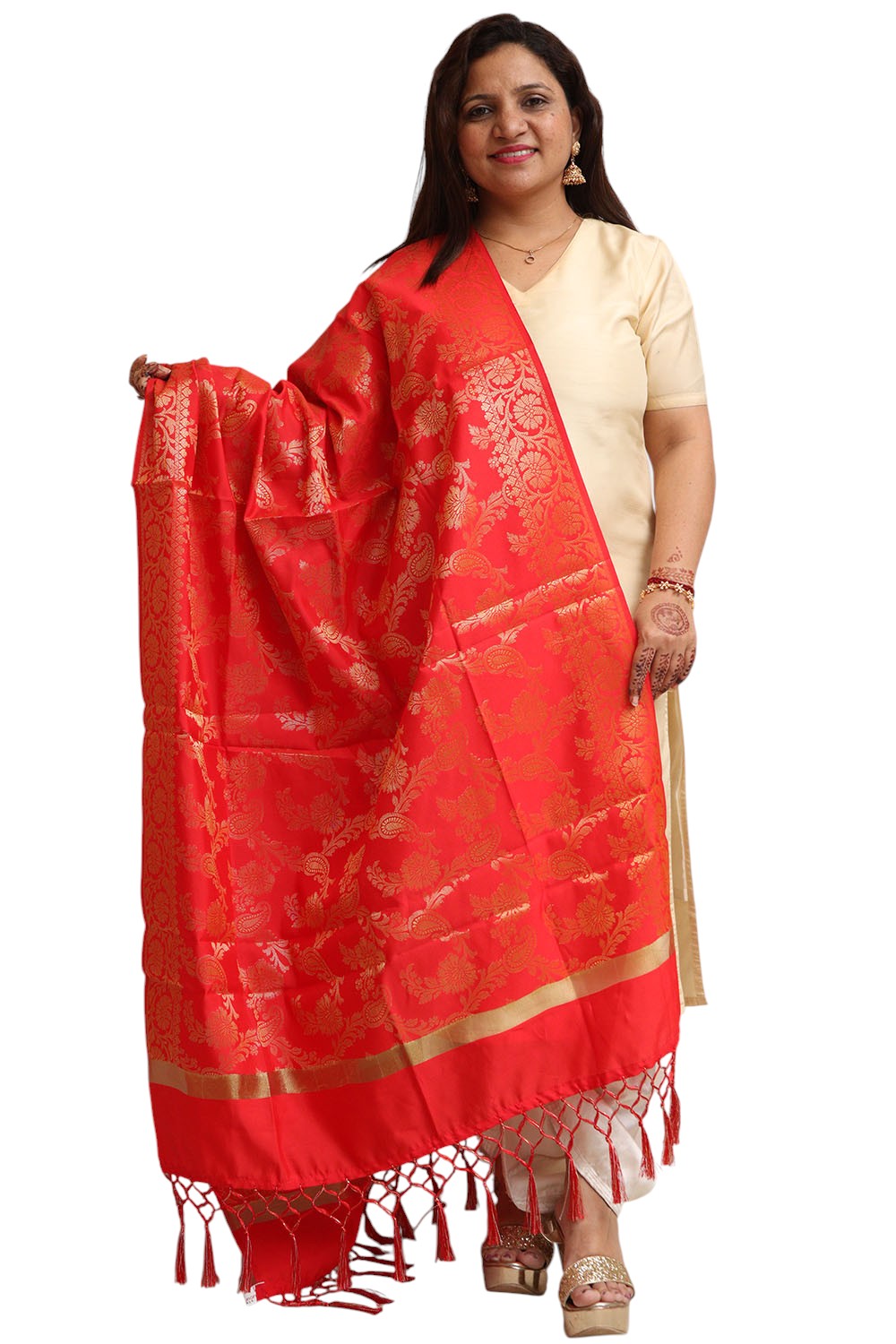 Stunning Red Banarasi Silk Dupatta - with a beautifully handcrafted matching tassel - Taniva