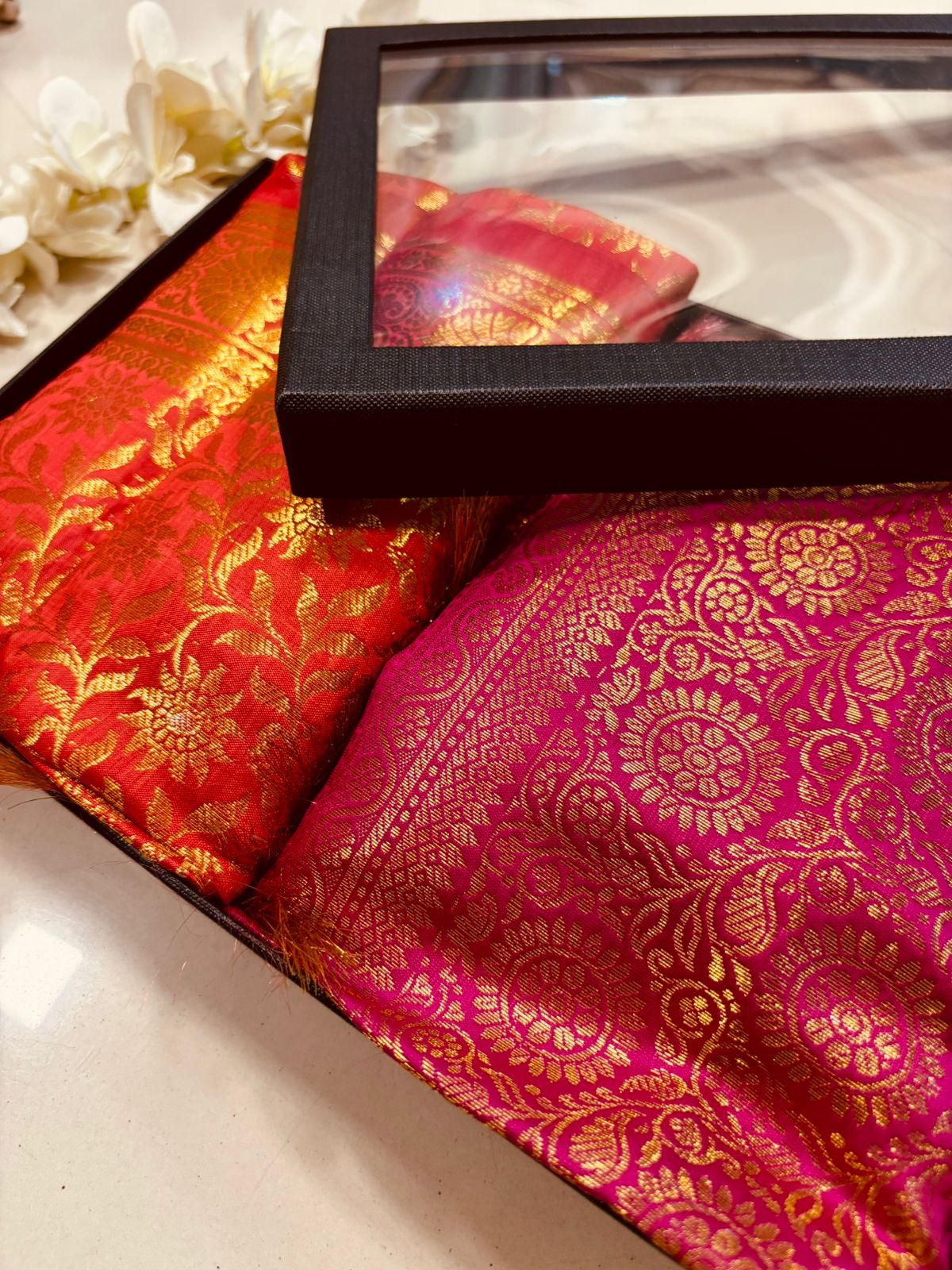 Premium Red and Pink Banarasi Silk Fashion Stole Gift Set of Two Stylish Wrap for Festive | College | Casual | Night Parties