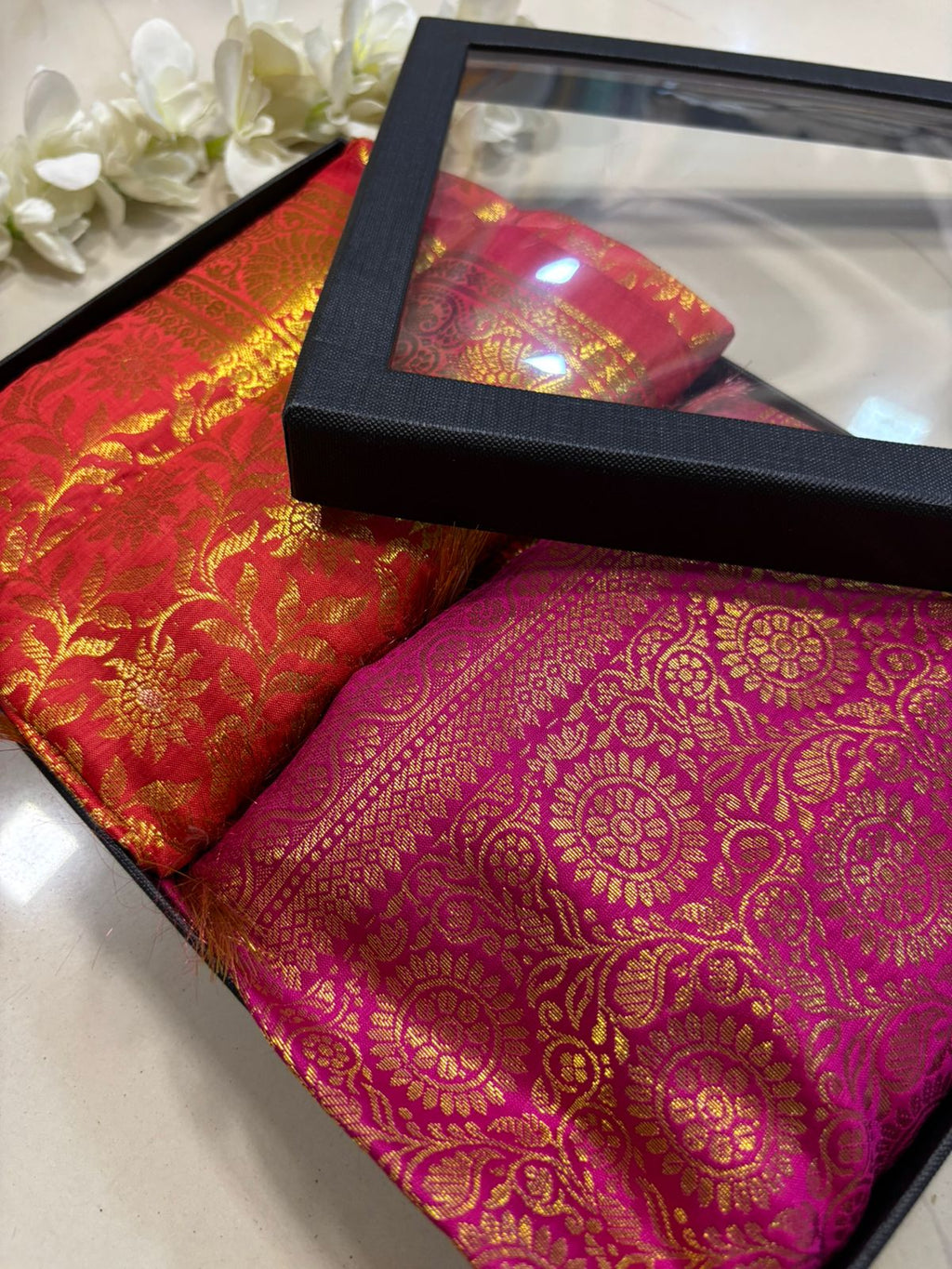 Premium Red and Pink Banarasi Silk Fashion Stole Gift Set of Two Stylish Wrap for Festive | College | Casual | Night Parties
