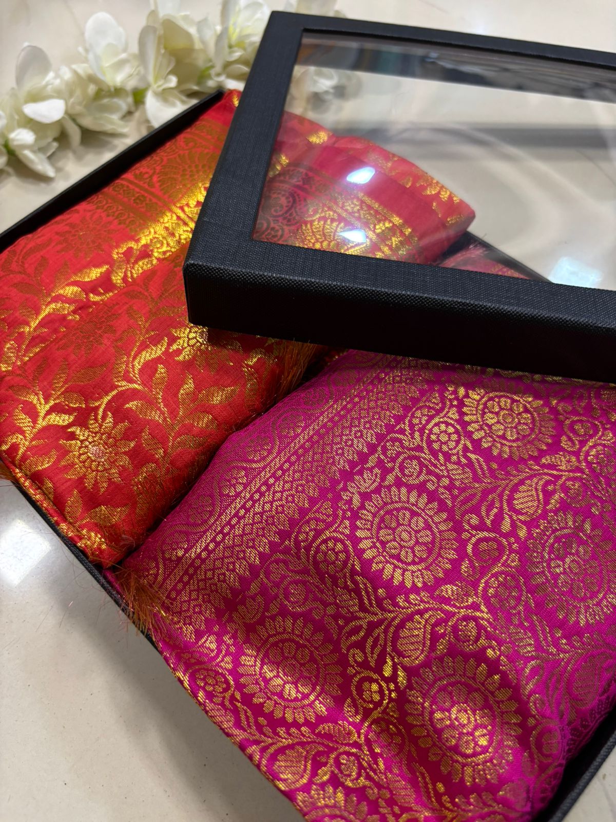 Premium Red and Pink Banarasi Silk Fashion Stole Gift Set of Two Stylish Wrap for Festive | College | Casual | Night Parties