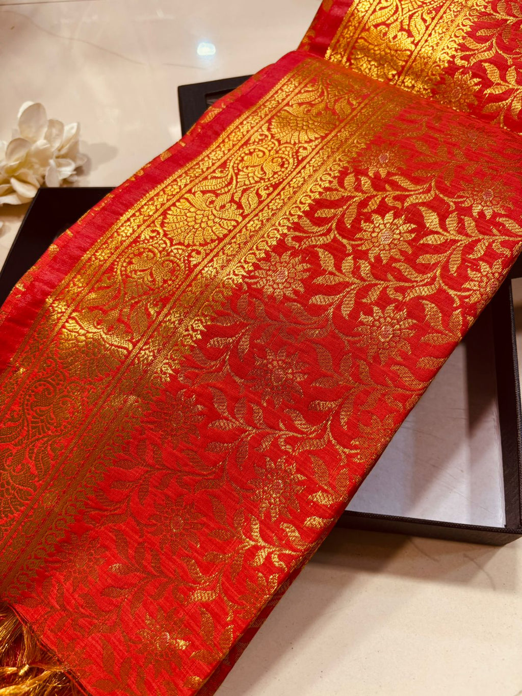 Premium Red Banarasi Silk Fashion Stole Gift Box Stylish Wrap for Festive | College | Casual | Night Parties - Luxurion World