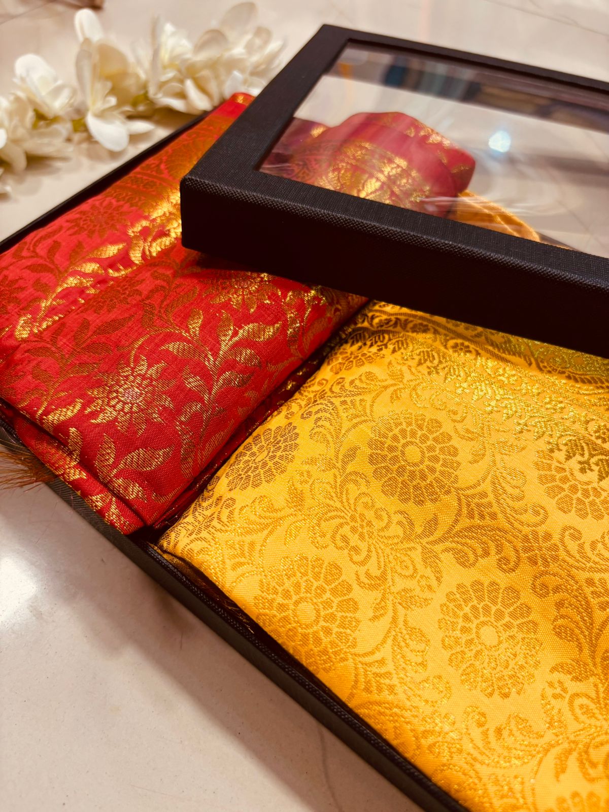 Premium Red and Yellow Banarasi Silk Fashion Stole Gift Set of Two Stylish Wrap for Festive | College | Casual | Night Parties