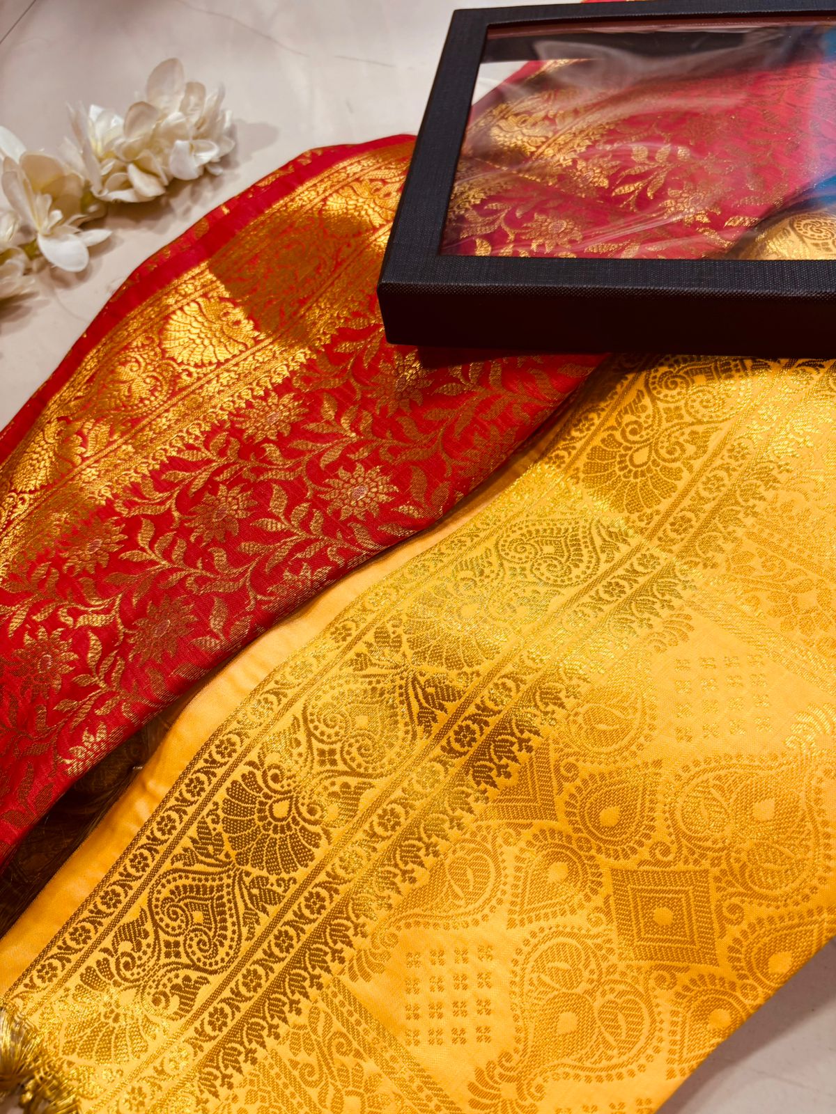Premium Red and Yellow Banarasi Silk Fashion Stole Gift Set of Two Stylish Wrap for Festive | College | Casual | Night Parties