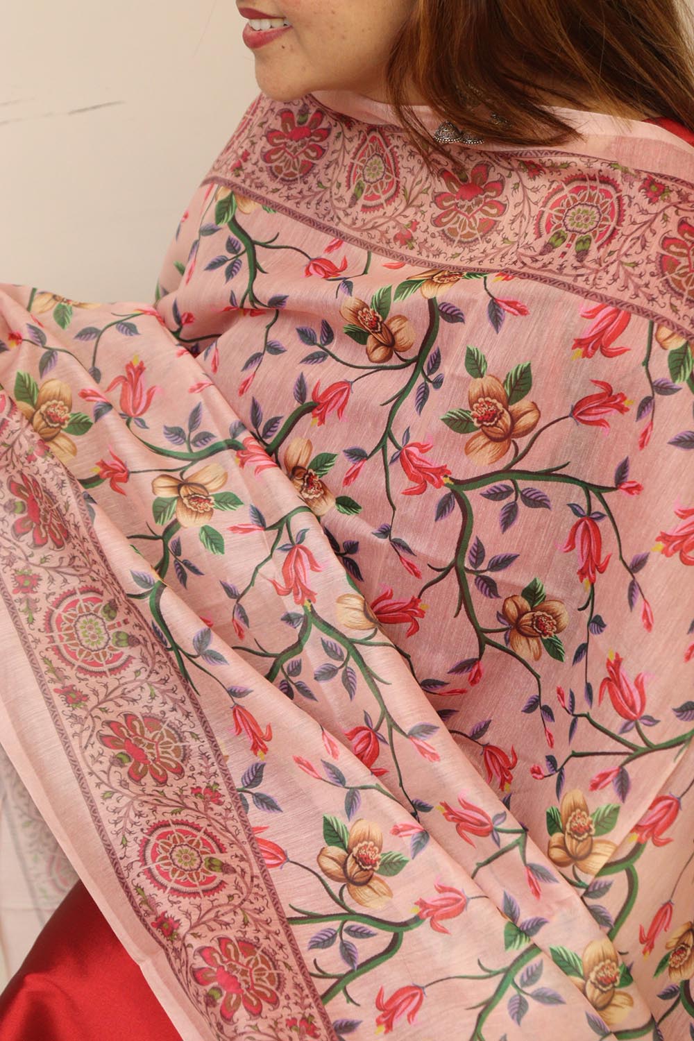 Pink Digital Printed Chanderi Flower Design Dupatta