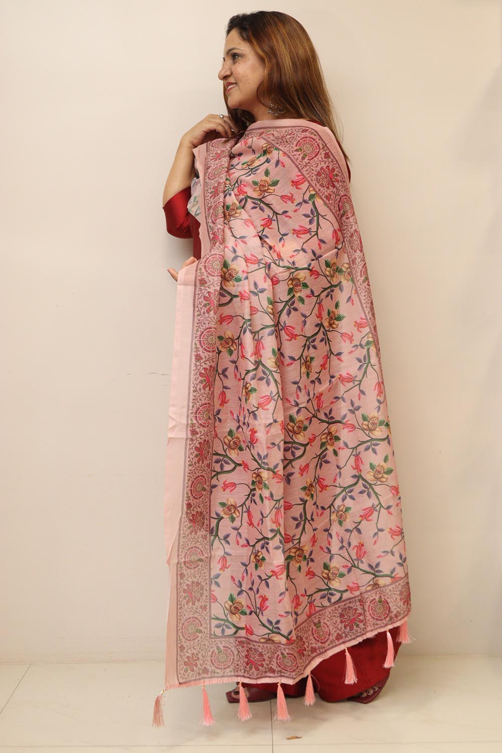 Pink Digital Printed Chanderi Flower Design Dupatta