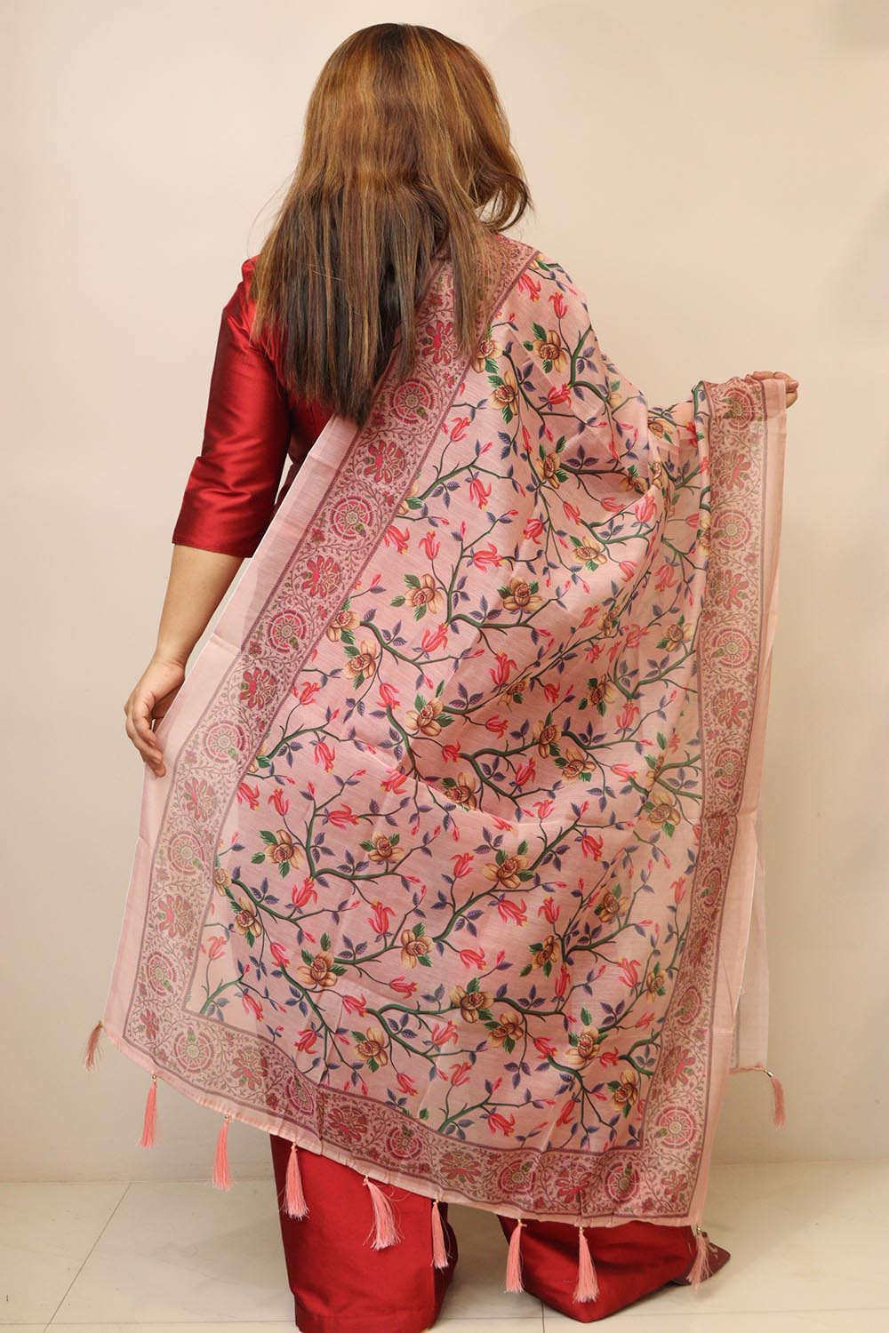 Pink Digital Printed Chanderi Flower Design Dupatta