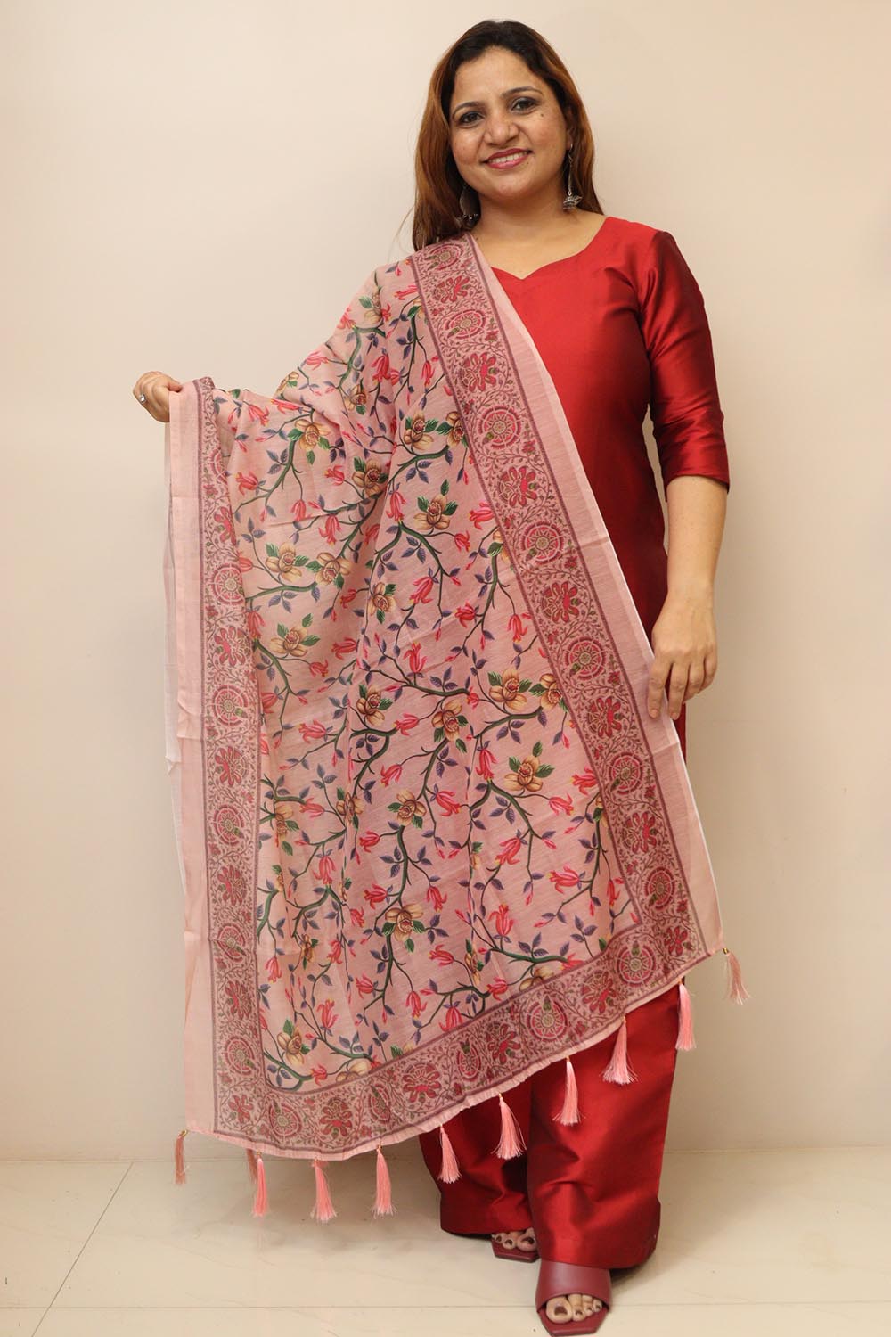 Pink Digital Printed Chanderi Flower Design Dupatta