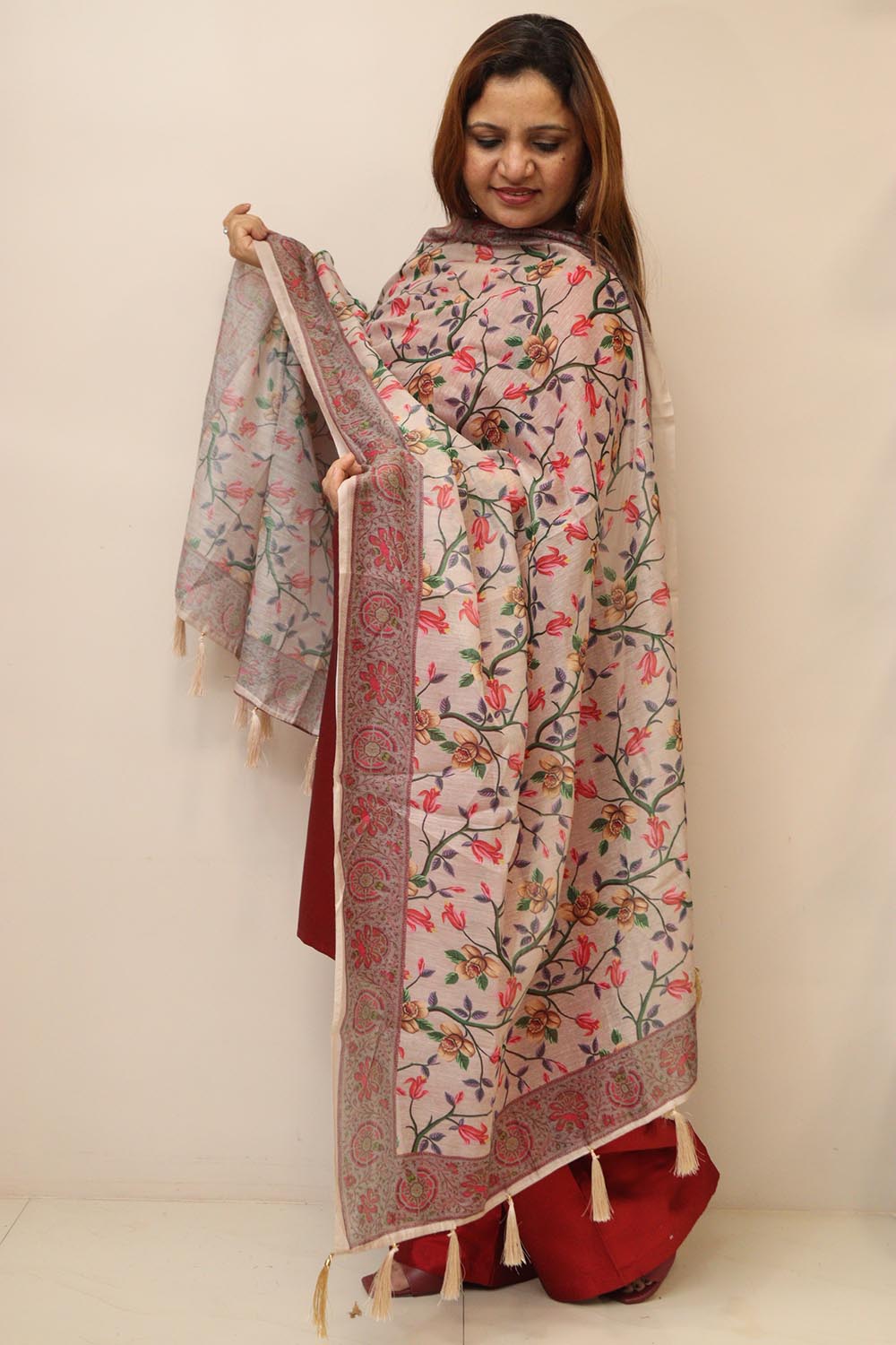Pastel Digital Printed Chanderi Flower Design Dupatta
