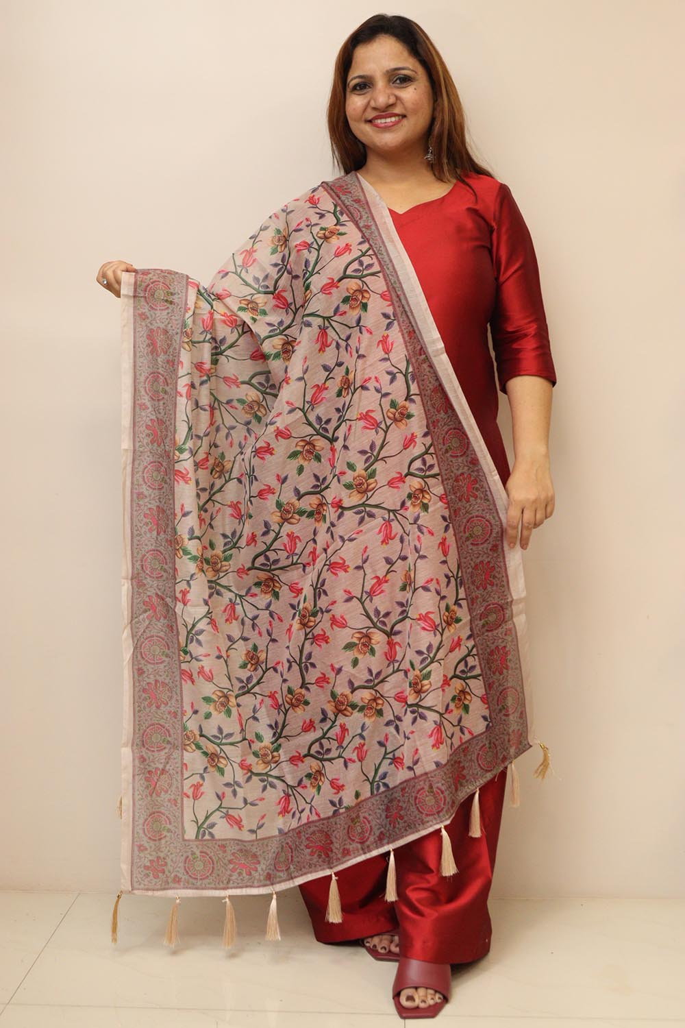 Pastel Digital Printed Chanderi Flower Design Dupatta