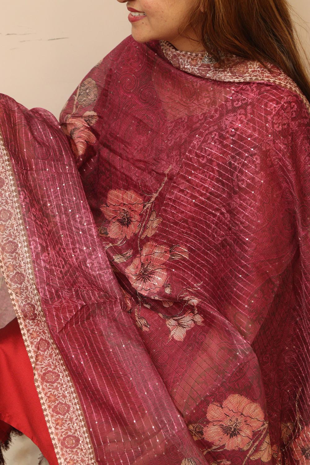 Maroon Digital Printed Chanderi Flower Design Dupatta