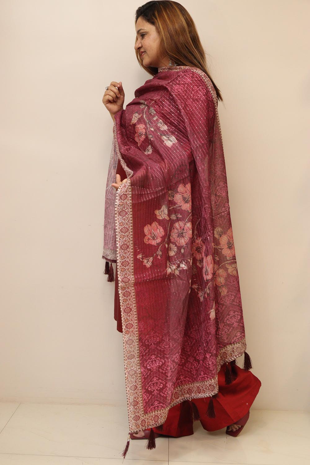 Maroon Digital Printed Chanderi Flower Design Dupatta
