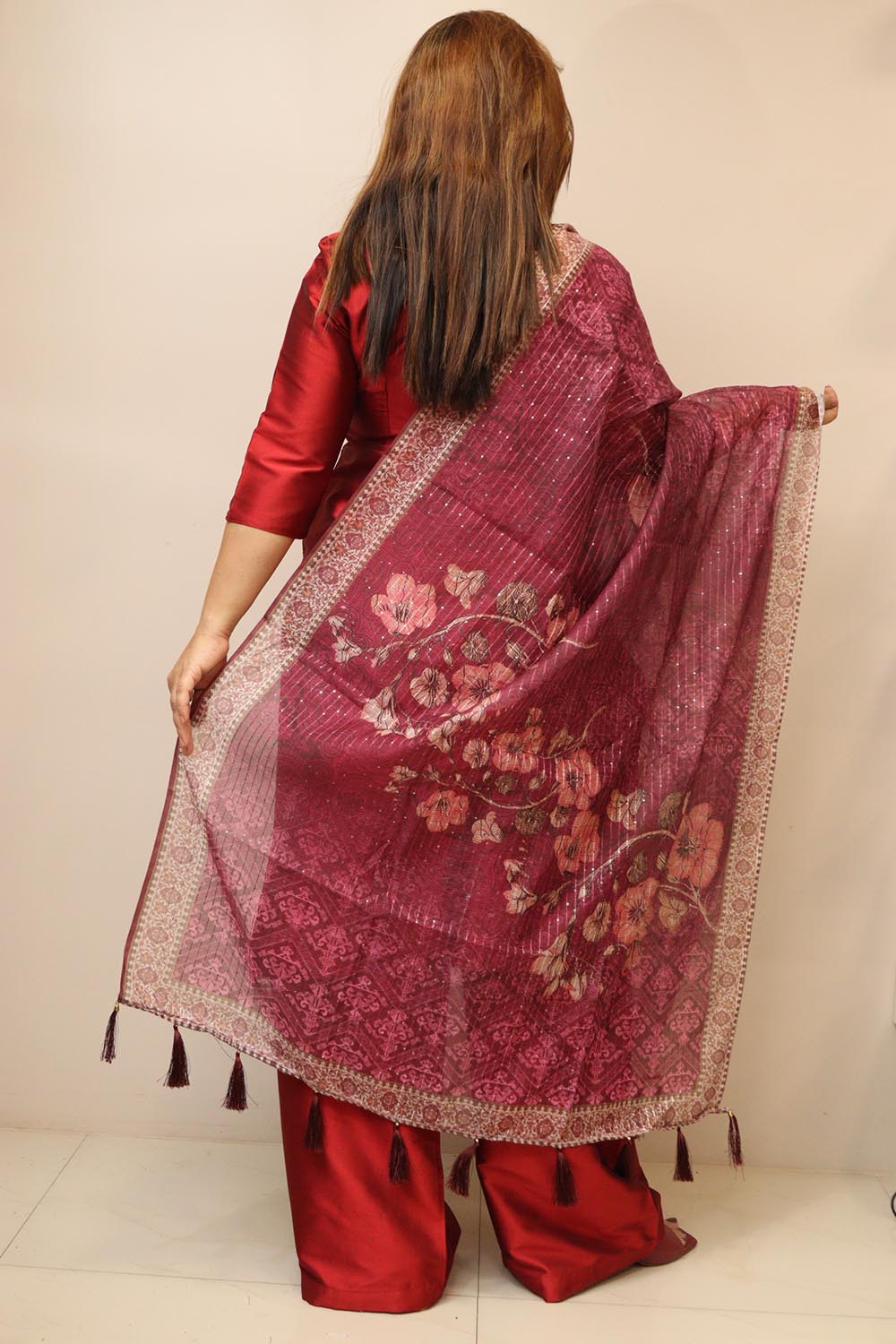 Maroon Digital Printed Chanderi Flower Design Dupatta