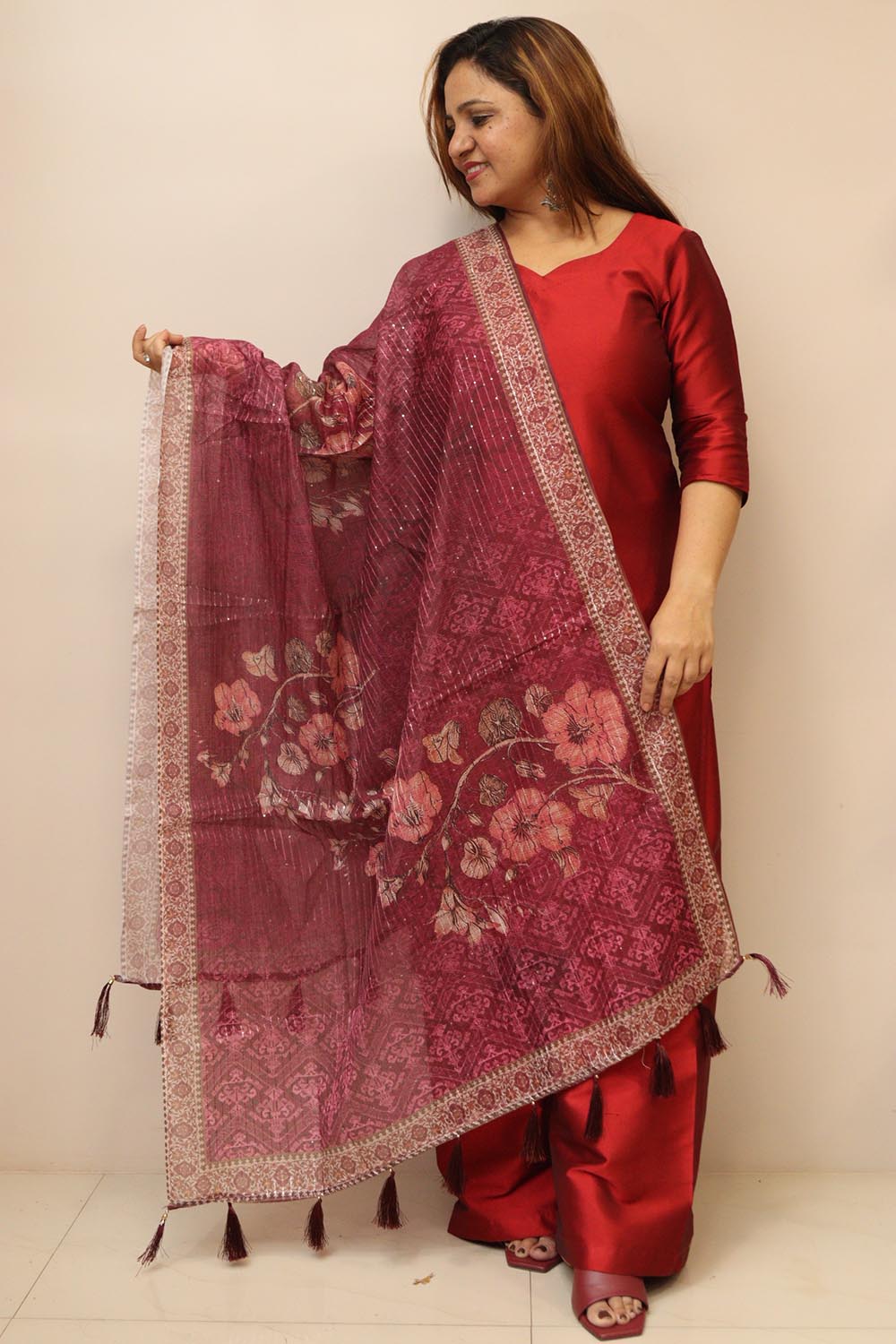 Maroon Digital Printed Chanderi Flower Design Dupatta