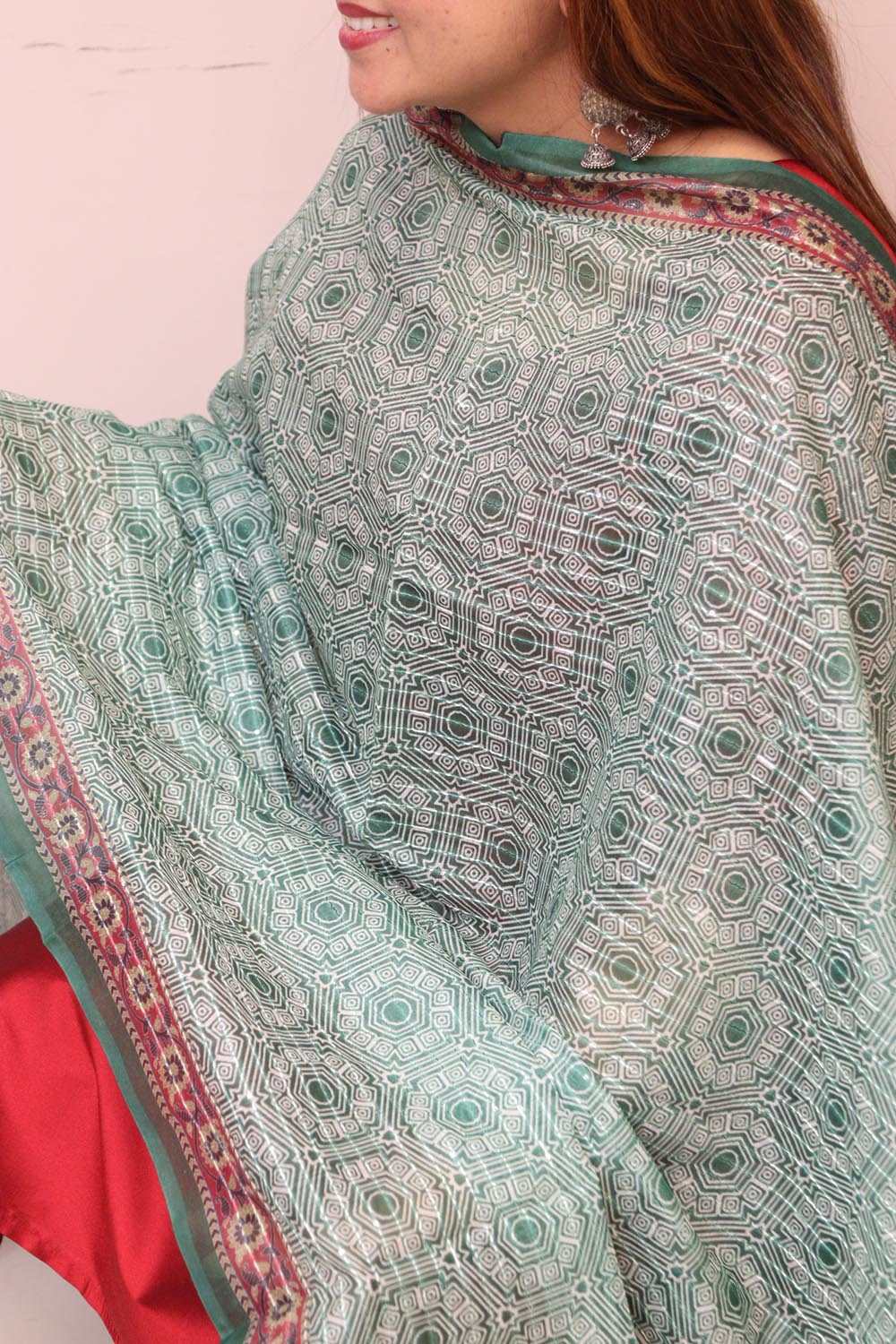 Green Digital Printed Chanderi Ajrakh Design Dupatta