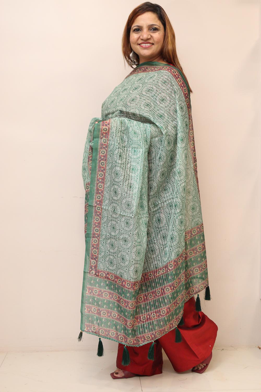 Green Digital Printed Chanderi Ajrakh Design Dupatta